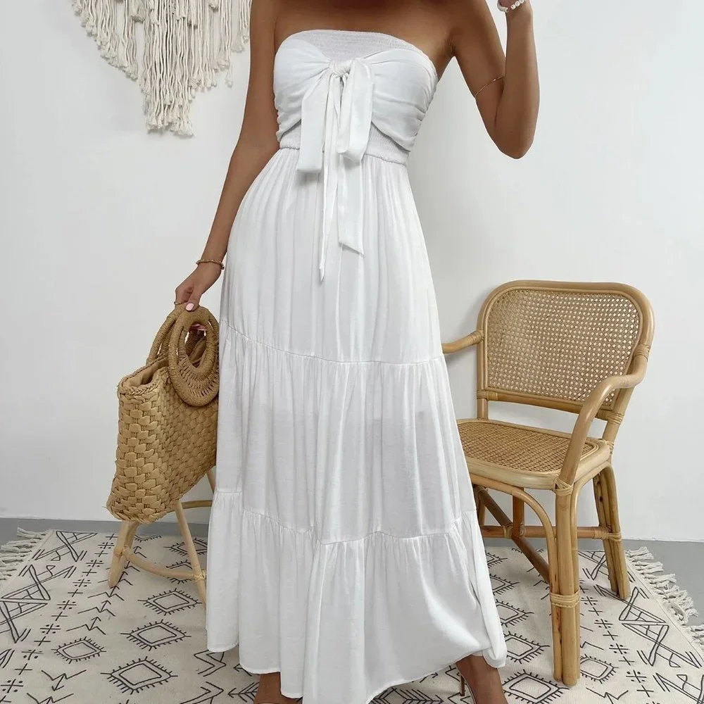 White Preppy Womens Tie Front Shirred Ruffle Hem Tube Dress - Picture 4 of 5